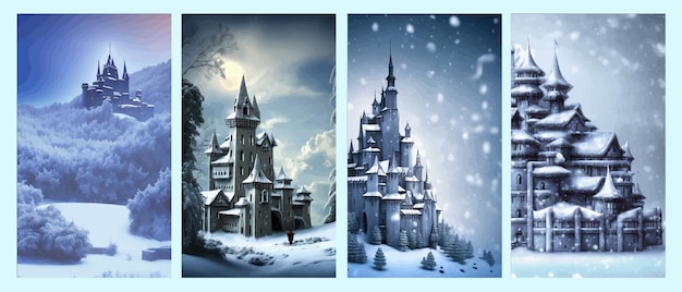 Vector banner set ancient stone winter castle fantasy snowy landscape with a castle magical luminous