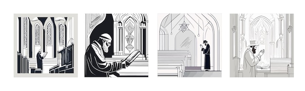 バナーセット カートゥーン ユダヤ人キャラクター トーラを読む シナゴーグ 寺院の平らな画像の作曲