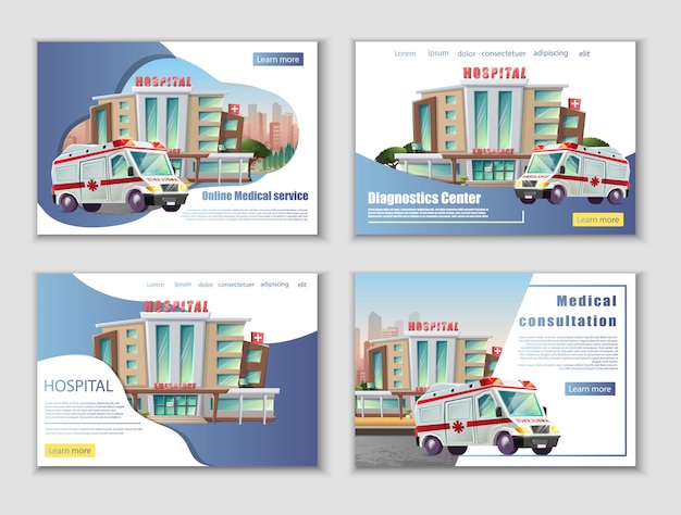 Banner set in cartoon style with hospital building and ambulances