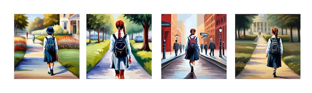 Banner set children going to school back to school concept girl in school uniform with a backpack