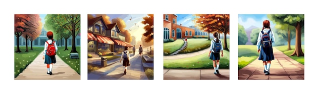 Banner set children going to school back to school concept girl in school uniform with a backpack