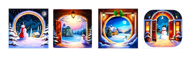 Banner set christmas greeting card open door in winter and snowman vector illustration