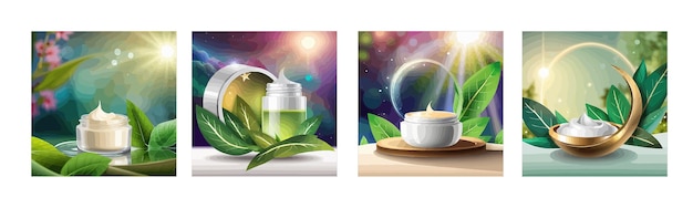 Banner set cosmetic natural cream in jars over colored background with green leaves vector