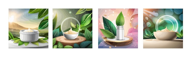 Banner set cosmetic natural cream in jars over colored background with green leaves vector