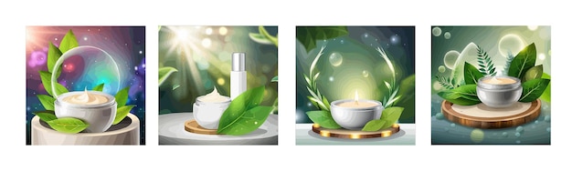 Banner set cosmetische natuurlijke crème in potten op gekleurde achtergrond met groene bladeren vector