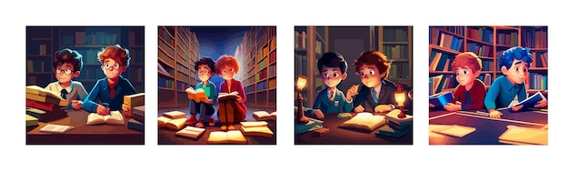 Banner set curly in glasses smiling small children reading book happy kids enjoy literature involved