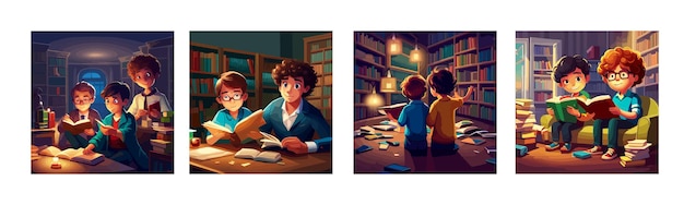 Banner set curly in glasses smiling small children reading book happy kids enjoy literature involved