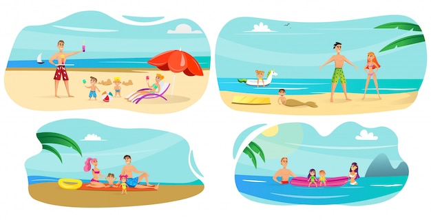 Vector banner set familie vakantie op zee cartoon flat