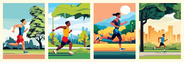 Banner set flat vector concept illustratie mannelijke atleet die loopt in park bos of straat landschap