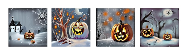 Vettore banner imposta disegno di halloween sotto la neve con zucche arancioni in un vettore di foresta innevata