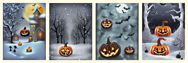 Banner imposta disegno di halloween sotto la neve con zucche arancioni in un vettore di foresta innevata