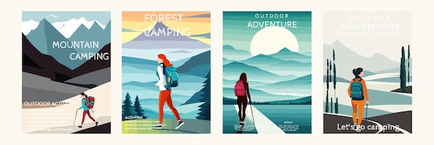 Vector banner set hiker person woman hiking or trekking with backpack walking in mountain forest outdoor