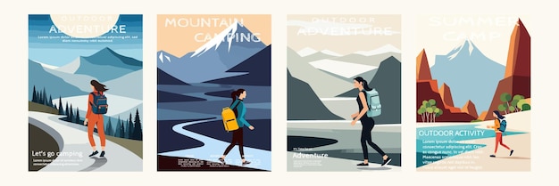 Vector banner set hiker person woman hiking or trekking with backpack walking in mountain forest outdoor