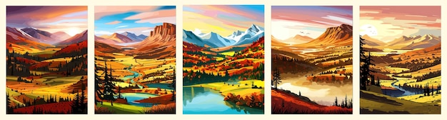 Vector banner set illustration of nature autumn mountain forest jungle landscape background in flat vector