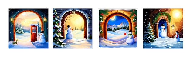 Banner set kerst wenskaart open deur in de winter en sneeuwpop vectorillustratie