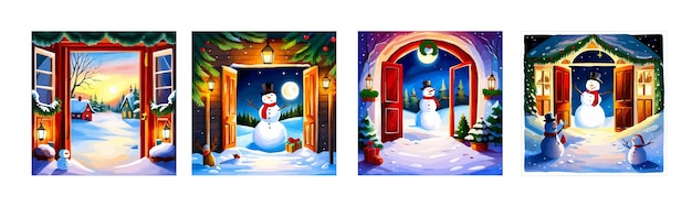 Banner set kerst wenskaart open deur in de winter en sneeuwpop vectorillustratie