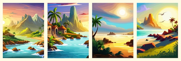 Vector banner set paradise beach of a tropical island palm trees on the shore against the backdrop of