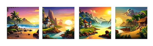 Banner set paradise beach of a tropical island palm trees on the shore against the backdrop of