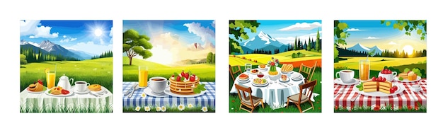 Vector banner set rustieke picknick op natuur tafel met witte doek bestek beker met borden met aardbeien