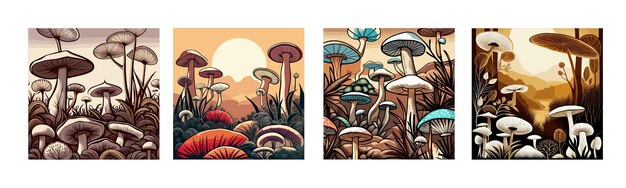 Vector banner set seamless pattern with edible poisonous inedible mushrooms hand drawn cartoon mushrooms