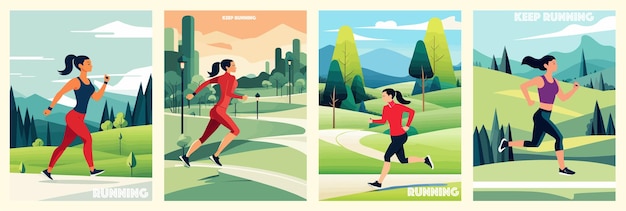 Баннер набор тренировки сегодня мультфильм целевая страница спортсменка на открытом воздухе бег тренировка фитнес девушка в