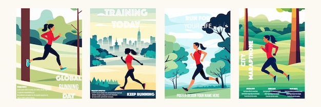 Banner set training vandaag cartoon landing page sportvrouw outdoor running workout fit meisje in