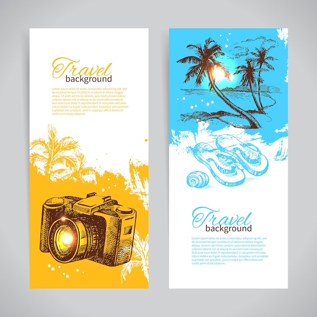 Banner set di sfondi colorati splash tropicali da viaggio. banner di festa con illustrazioni di schizzo disegnate a mano