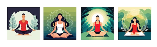 Vector banner set vector illustration girl meditating in lotus position on background leaves international