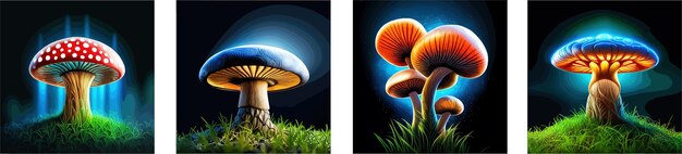 Banner set vector illustration with mushrooms bright psychedelic colors neon wild mystical fantasy