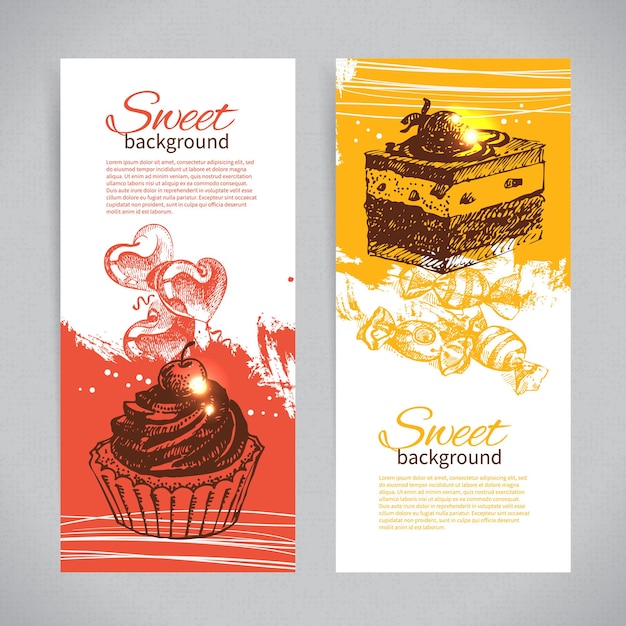 Vettore banner set di sfondi dolci disegnati a mano d'epoca. menu per ristorante e bar