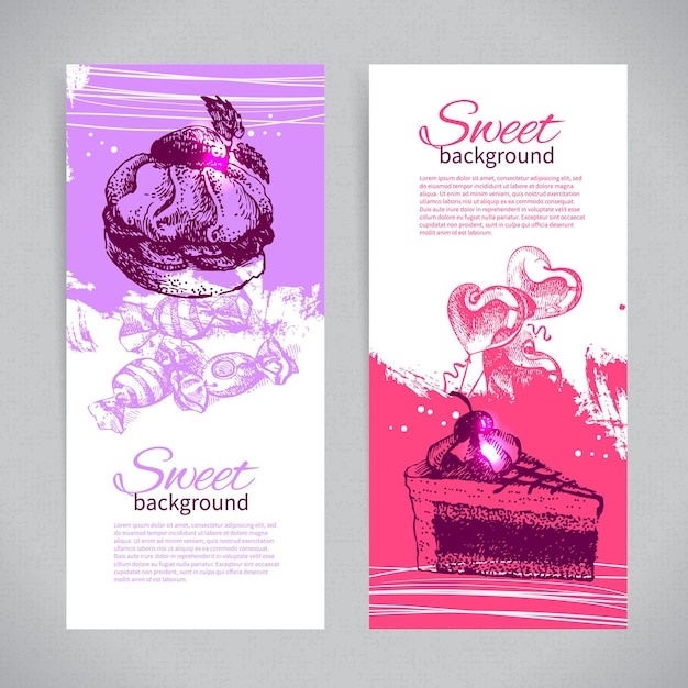 Banner set vintage hand getrokken zoete achtergronden. menu voor restaurant en café