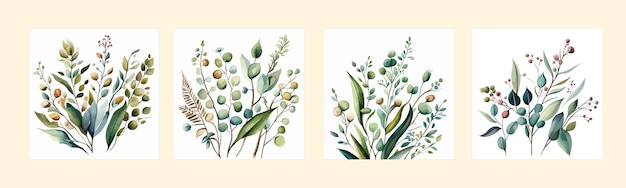 Banner set watercolor floral vector illustration green gold leaf branches collection for wedding