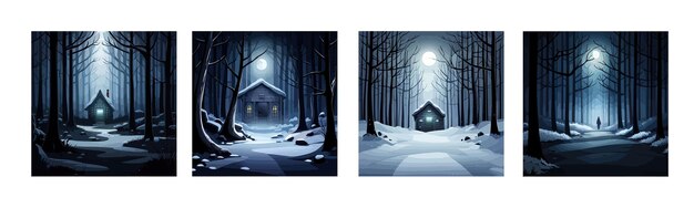 Banner set winter misty dark forest at night with an wooden house in the background vector