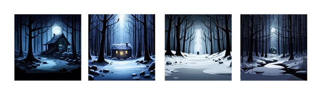 Vector banner set winter misty dark forest at night with an wooden house in the background vector