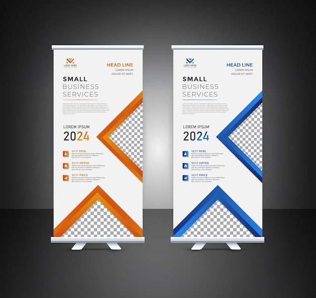 A banner for small business services with blue and orange lines.