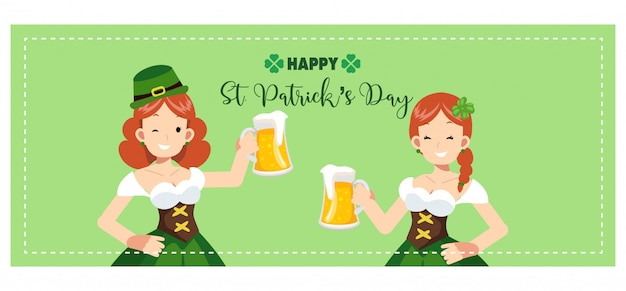 Banner of st Patrick's day. Cute women are cheers with mug of beer.