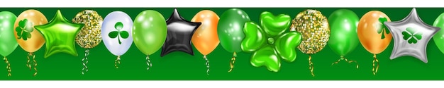 Banner il giorno di san patrizio con palloncini di elio colorati volanti rotondi a forma di stella e a forma di quadrifoglio con ripetizione orizzontale senza cuciture su sfondo verde