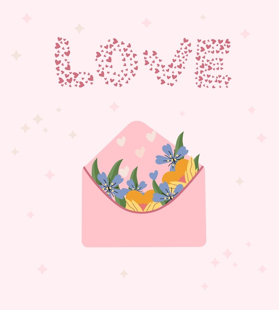 엽서, 꽃, 잎, 비문, 원 안에 하트가 있는 세인트 발렌타인을 위한 배너.