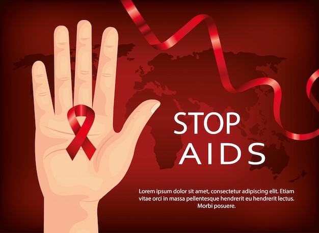 banner of stop aids day with hand and ribbon