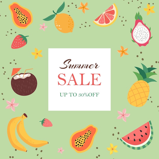 Banner of the summer sale Creative bright blue pink background with tropical leaves fruits and h