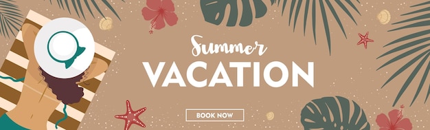 Vector banner summer vacation with a girl on the beach in a hat.