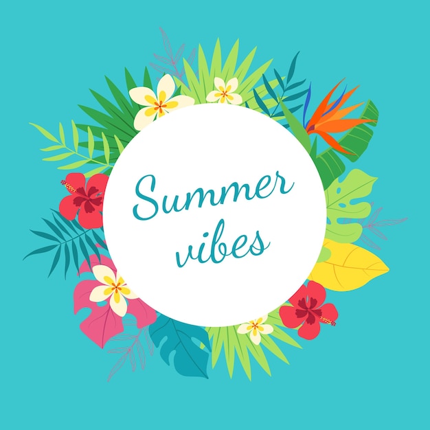 Banner Summer Vibes Blauwe achtergrond van tropische bladeren en bloemen Exotische Funny Frame Poster Card