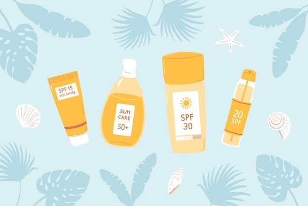 Banner sunscreens with SPF Sun protection products and tropical leaves on blue background Concept protection uv radiation Summer cosmetic Illustration skin carecream spray tube Vector