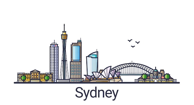 Vettore banner di skyline della città di sydney in stile alla moda linea piatta. arte di linea della città di sydney.