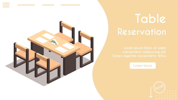  banner of table reservation in cafe concept. Isometric view of chairs and table, napkins. Modern  interior. Online reserved table in restaurant. Banner template design, landing page