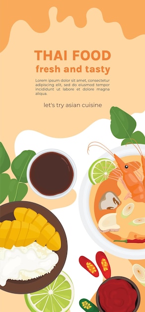 Vector banner tajskoj kuhni vertikal'nyj sup tom am klejkij ris s mango i reklamnyj flaer aziatskoj kuhni