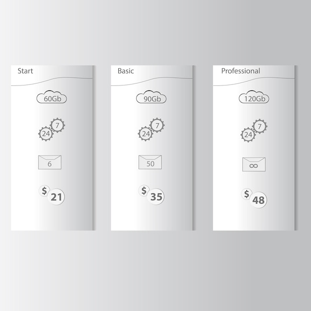 Banner per tariffe e listini elementi web pianificazione hosting disegno vettoriale per web app