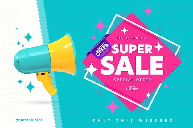 Modello di banner che annuncia il super sconto mega weekend di vendita.