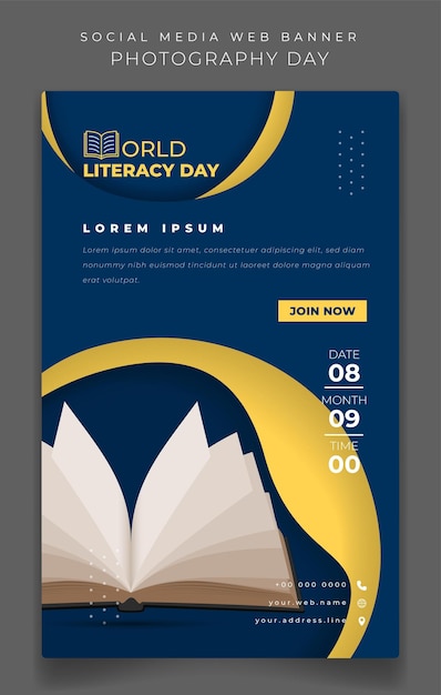 Vector banner template in blue portrait background with opened book for world literacy day design