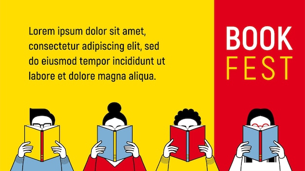 Modello di banner per il festival del libro con persone che leggono libri